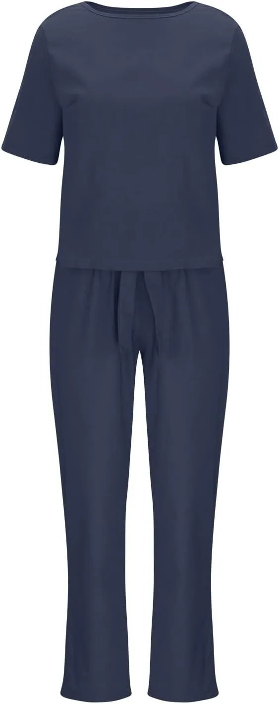 ZDRZK 2 Piece Outfits For Women Summer Cotton Linen Plus Size Short Sleeve Tops Belted Long Pants Jogger Sets