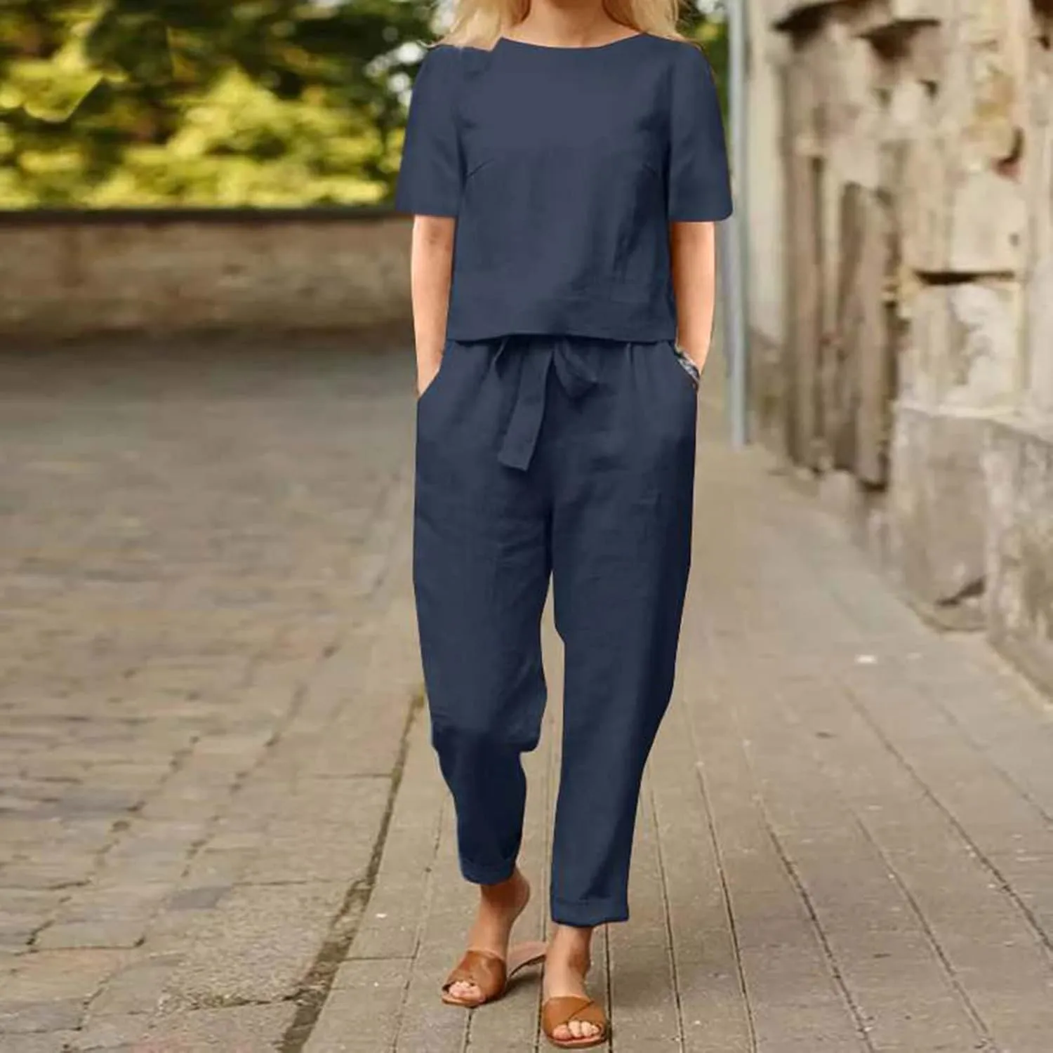 ZDRZK 2 Piece Outfits For Women Summer Cotton Linen Plus Size Short Sleeve Tops Belted Long Pants Jogger Sets